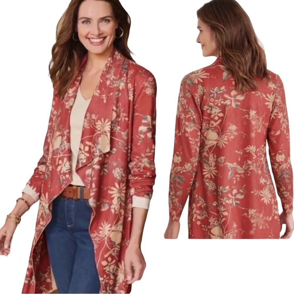 Soft Surroundings Size Medium Draped Shape Faux Very Soft Suede Floral Kimono